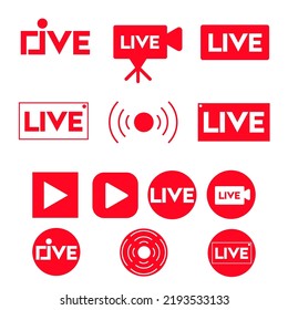 Set of red buttons and symbols live streaming icons, different styles. Design element for decoration TV, video, and live performances. Vector illustration.