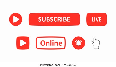 A set of red buttons for the video blog and channel interface: subscribe, play, live, online, cursor. Blogging. Vector illustration