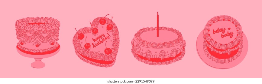 Set of red Cakes with candle, cherry, cream, text. Retro style. Sweet tasty food. Hand drawn Vector illustration. Isolated design elements. Party, wedding, anniversary, celebration, birthday concept