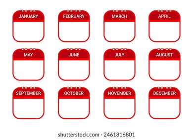 Set Of Red Calendar Icon With 12 Months Isolated On White Background. Vector Illustration