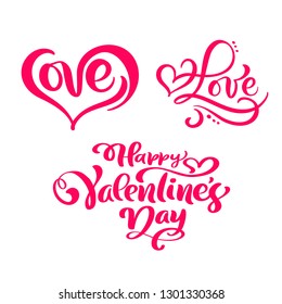 set of red Calligraphy text Happy Valentines Day and Love. Vector Valentines Day Hand Drawn lettering and Heart. Holiday Design valentine card. Love decor for web, wedding and print. Isolated