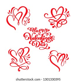 set of red Calligraphy text Happy Valentines Day and hearts. Vector Valentines Day Hand Drawn lettering. Holiday Design valentine card. Love decor for web, wedding and print. Isolated illustration