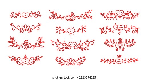 Set of red calligraphy vintage hearts, frames, arrows.Heart divider red line border set. Graphic love decorative element for design book page, text wedding invitation card, certificate elegant decor