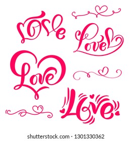 set of red Calligraphy word Love. Vector Valentines Day Hand Drawn lettering and Heart. Holiday Design valentine card. Love decor for web, wedding and print. Isolated illustration