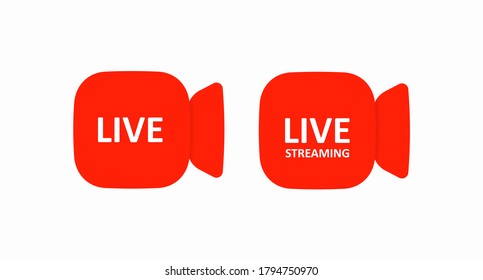 A set of red cameras labeled Live and Live streaming isolated on a white background. Red icons suitable for the design of a channel, page, avatar, news feed, stream. Vector illustration