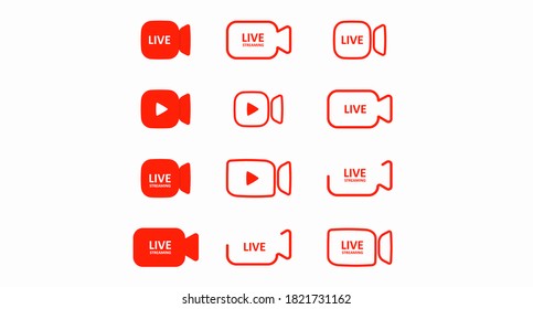 A set of red cameras with play buttons and Live labels on them. Live streaming icon set. Vector illustration