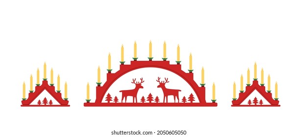 Set red candle arch christmas window decoration. Vector illustration.