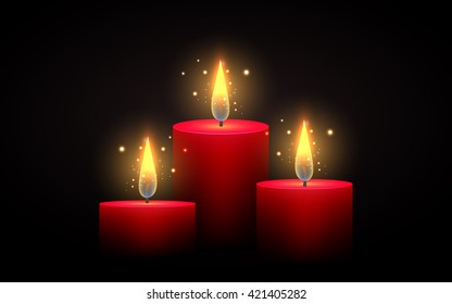 Set of red candles of different lengths. Vector element. Burning candle.