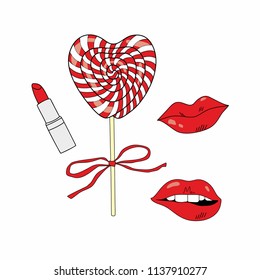 Set with red candy, lips, lipstick. Vector.
