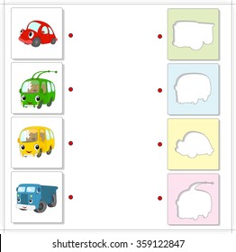 Set of red car, green trolleybus, yellow bus and blue lorry. Educational game for kids. Choose the correct silhouettes on the opposite side and connect the points