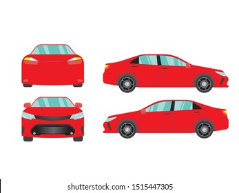 Set of red car view on white backgruond,illustration vector,Side, front, back,Business sedan isolated