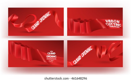 Set of red cards with silk folded ribbons. Vector illustration