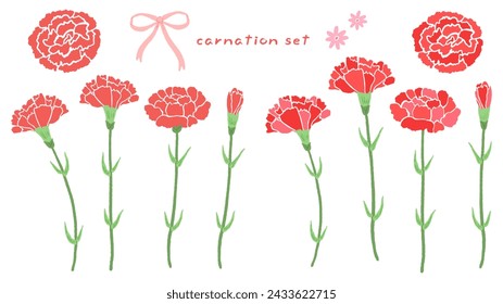 Set of red carnations, cute hand drawn illustration for mother's day