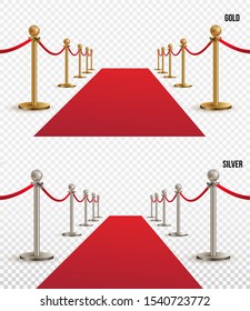 Set of red carpet, golden and silver barriers realistic. VIP event, luxury celebration. Celebrity party entrance. Grand opening. Shiny fencing vector. Cinema premiere on transparent background.