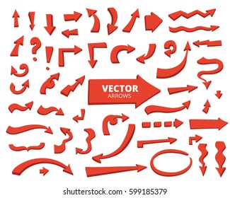 Set of red cartoon arrows. Hand drawn design elements isolated on white, vector illustration. 