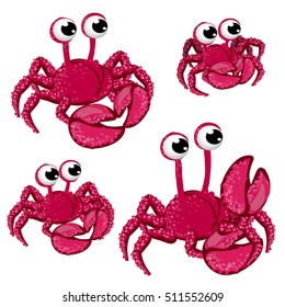 Set of red cartoon crabs isolated on white background. Vector cartoon close-up illustration.