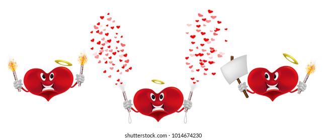 Set of red cartoon heart with crackers and tinsel. Vector smiling characters for your greeting card or presentation. A symbol of love and romance.