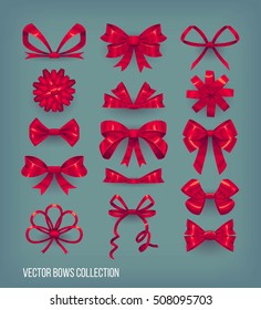 Set of red cartoon style bow knots and tied ribbons. Vector decoration elements collection