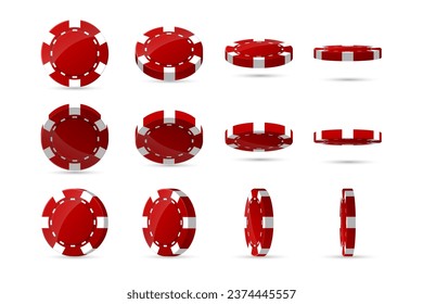 Set of red casino poker chip in different, various position. Collection of diamonds, hearts, clubs, spades tokens. Raise money. Play roulette. Isolated on white background. Vector illustration