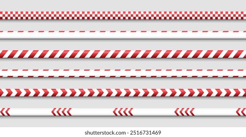 Set of red caution tapes. Security line. Crime scene barrier tape. Seamless ribbons. Vector illustration.