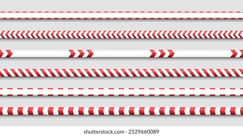 Set of red caution tapes. Security line. Crime scene barrier tape. Seamless ribbons. Vector illustration.