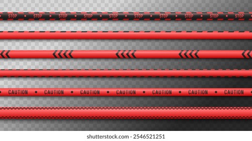 Set of red caution tapes. Security line. Crime scene barrier tape. Seamless ribbons. Vector illustration.