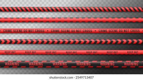 Set of red caution tapes. Security line. Crime scene barrier tape. Seamless ribbons. Vector illustration.