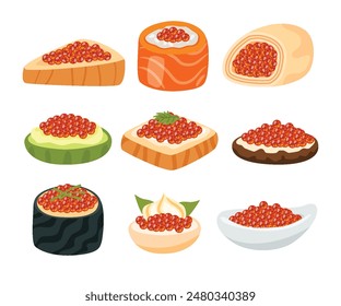 Set of red caviar dessert cartoon collection with bread, cake, cream, avocado, sushi and bowl, Red salmon caviar, healthy luxury delicacy, Seafood restaurant menu, Sea delicacy vector illustration.