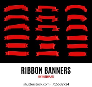 Set of Red Celebration Curved Ribbons Variations Isolated on White Background