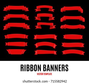 Set of Red Celebration Curved Ribbons Variations Isolated on White Background