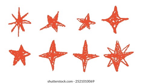 Set of red chalk drawing stars. Shine or sparkle doodle collection. Children style red wax pencil handdrawing elements of night sky. Crayon scratch grunge texture star shapes. Vector illustration.