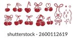 Set of red cherries with bows. Cute vintage elements collection. Flat vector illustrations set. Trendy chery vibe for design.