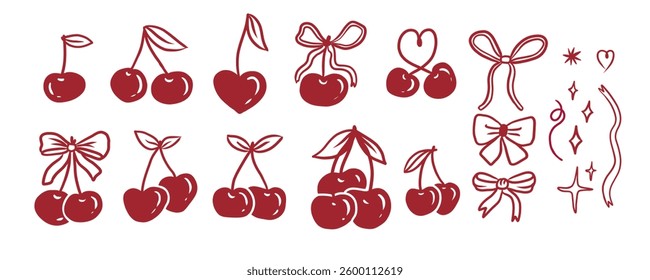 Set of red cherries with bows. Cute vintage elements collection. Flat vector illustrations set. Trendy chery vibe for design.