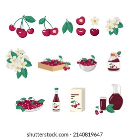 Set of red cherries, leaves, flowers and product from it. Berries in box, bowl and plate, jar of jam, packaging, bottle, glass and jug of juice. Vector flat illustration healthy sweet dessert