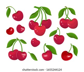 Set of red cherries on a white background. Collection of cherry fruits, stems and leaves in vector. Juicy maroon berry. Sweet fruit cartoon. Hand drawn vector flat illustration.