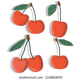  rote Kirschbeeren mit grünem Blatt einzeln auf weißem Hintergrund.