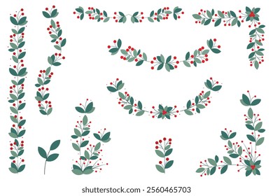 Set Of Red Cherry Berries And Green Leaves Garland Decorations