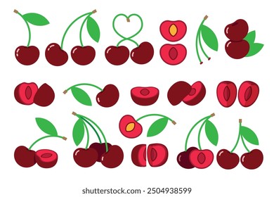 Set of red Cherry, Farm fresh Cherry product emblem for grocery shop, Slides, long and cross sections, and different positions, simple flat vector illustration of vegetables and fruits.