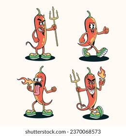 set of red chili mascot cartoon characters in vintage style