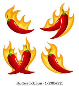 Set of  Red Chili Peppers Emblems on Fire isolated on white. Vector illustration.