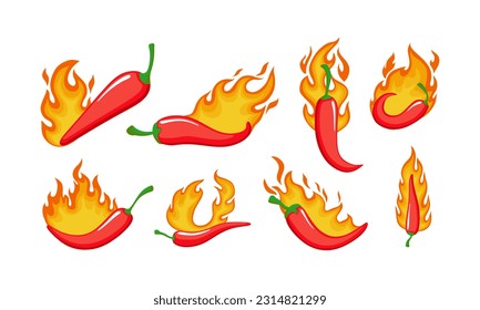 Set of Red Chili Peppers Emblems on Fire isolated on white. Vector illustration.