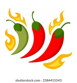 Set of Red Chili Peppers with Fire Flames. Hot Chilli Taste. 