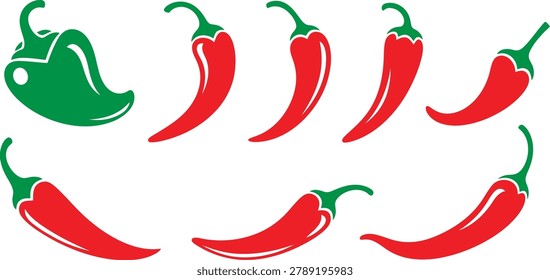 Set of red chili peppers and one green bell pepper icon collection