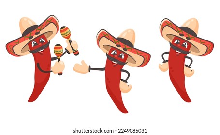 Set of red chilli pepper isolated. Cartoon character with sombrero, maracas. Mexican food. Doodle drawn vector illustration for dishes, menu, poster, flyer, banner, delivery, cooking concept 