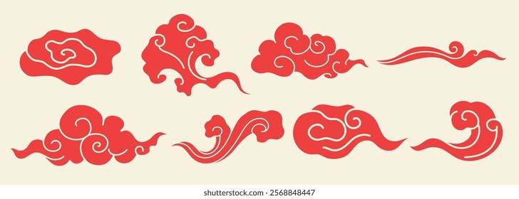 Set of red Chinese cloud motifs. Decorative cloud patterns in traditional Chinese style. Red clouds, swirling designs, elegant Chinese motifs, artistic clouds. Chinese weather elements, vector set.