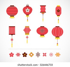 Set of red Chinese lanterns and elements for Chinese New Year and Lantern Festival