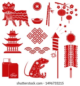 Set of red chinese new year silhouette icons. Vector illustration. Set include firecracker, chinese lion, rat, envelope, money and equipment for chinese new year celebration.