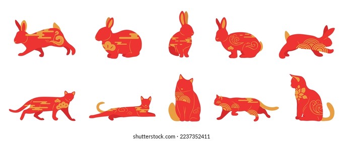 Set of red Chinese New Year rabbits and cats on white background