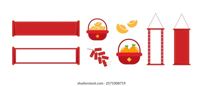 Set of red Chinese New Year Festive Decorations with Scrolls, Firecrackers, and Gold Ingot Oranges Prosperity Baskets vector illustration