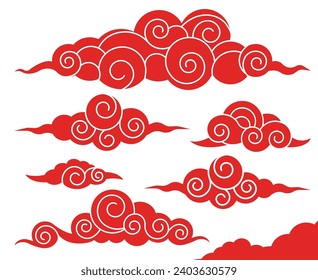 Set of red Chinese style clouds. Traditional Chinese cloud silhouettes with curves and swirls. Flat decorative isolated elements for new year designs.
